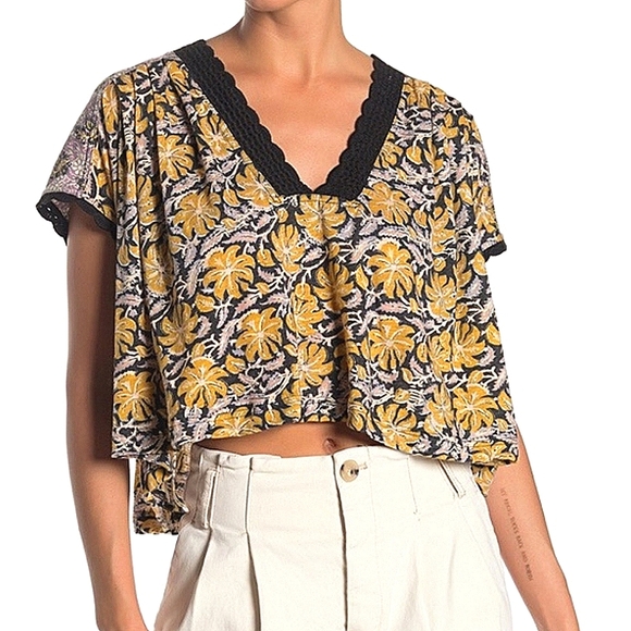 NWT🌷 Free People Leilani Floral Print Crop Top Black Yellow Purple, Small - Picture 1 of 8